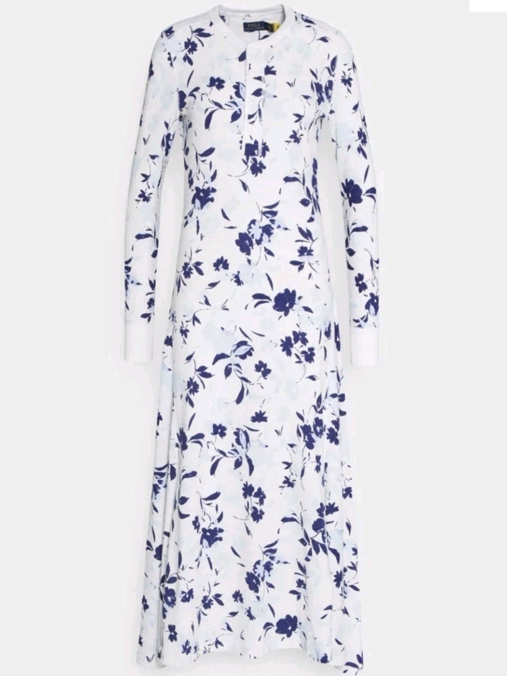 Polo Ralph Lauren Womens Thermal Waffle Knit Blue Floral White Henley Maxi Dress